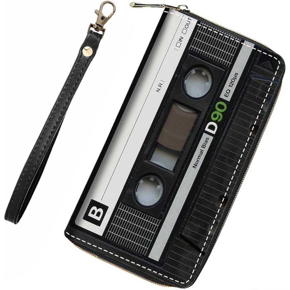 Retro Cassette Tape Zip Wallet Wristlet - Black